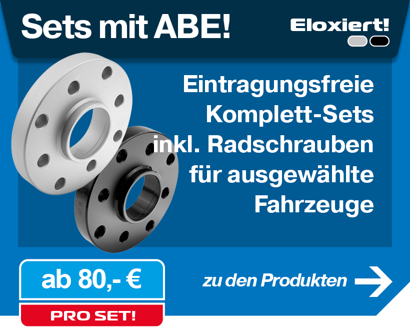 Banner für Sets mit ABE mit zwei SCC Spurverbreiterungen in Silber und Schwarz. Text: Eintragungsfreie Komplett-Sets inkl. Radschrauben für ausgewählte Fahrzeuge.
