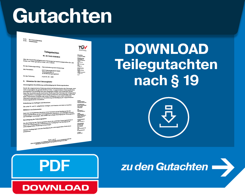 Banner für Gutachten. Zeigt ein TÜV-Teilegutachten-Dokument und ein Download-Symbol.