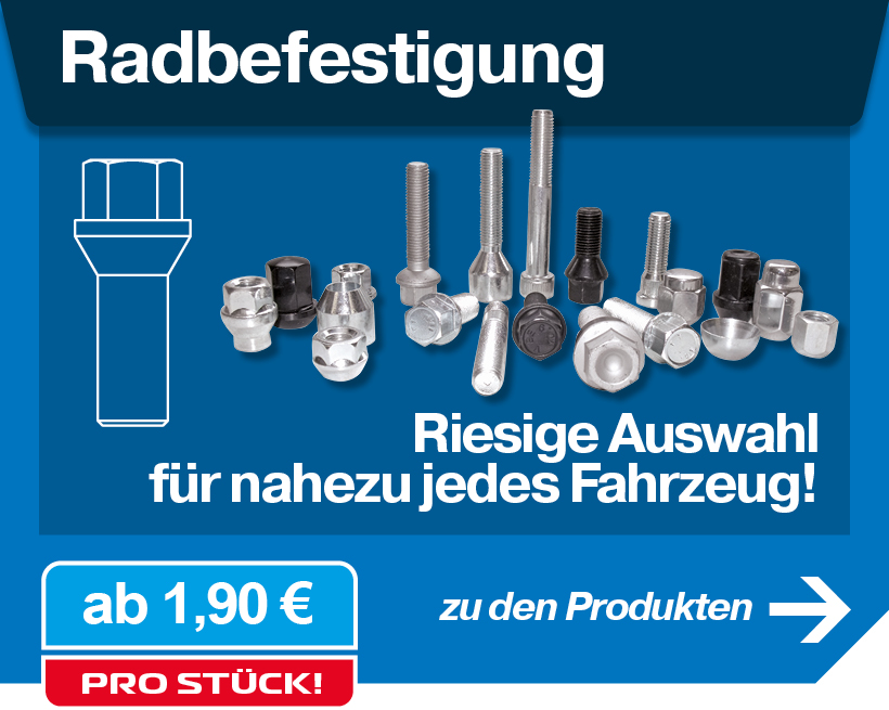 Banner für Radbefestigung zeigt verschiedene Radschrauben, Muttern und Bolzen in Silber und Schwarz. Text: Riesige Auswahl für nahezu jedes Fahrzeug.
