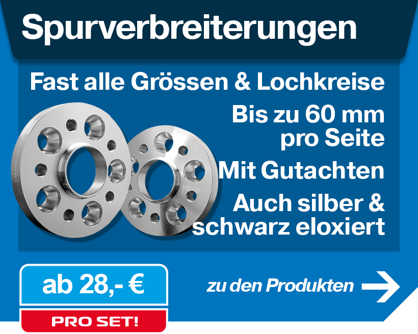 Banner für Spurverbreiterung mit zwei silbernen SCC Spurverbreiterungen und Text „Fast alle Größen & Lochkreise, bis zu 60 mm pro Seite, mit Gutachten, Auch silber & schwarz eloxiert.