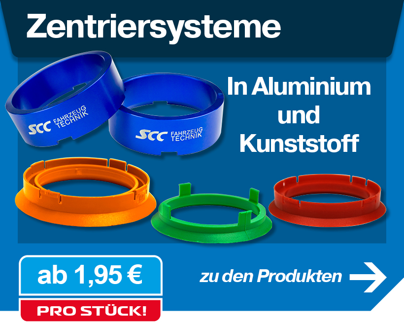 Banner für Zentriersysteme. Zeigt zwei blaue SCC Zentrierringe aus Aluminium mit Logo und drei Kunststoffringe in Orange, Grün und Rot.
